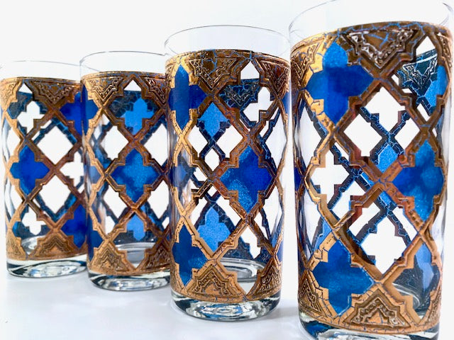 Culver Mid-Century Blue and Gold Encrusted Glasses (Set of 4)