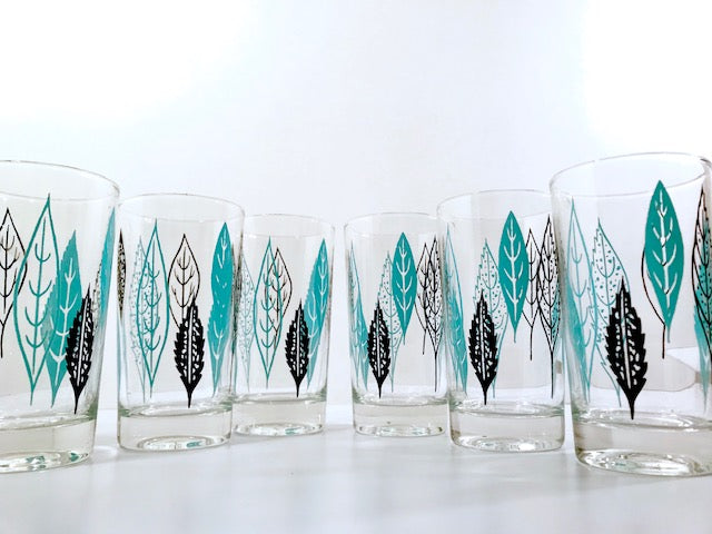 Federal Glass Mid-Century Turquoise and Black Leaves Glasses (Set of 6)