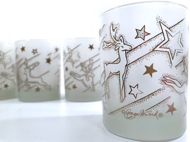 Georges Briard Signed Mid-Century Silver Reindeer Double Old Fashion Glasses (Set of 4)