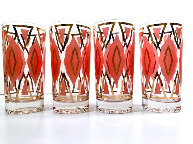 Mid-Century Geometric Gold and Orange Glasses (Set of 4)