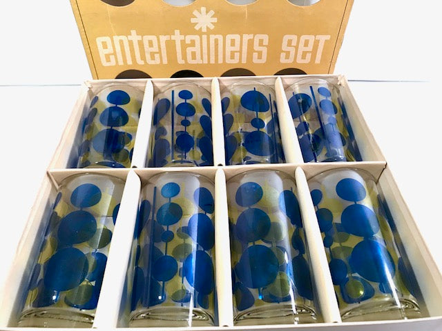 Federal Glass Mid-Century Blue and Yellow Atomic Circle Glasses (Set of 8)