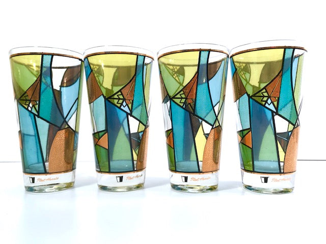 Ned Harris Signed Mid-Century Blue and Green Abstract Glasses (Set of 4)