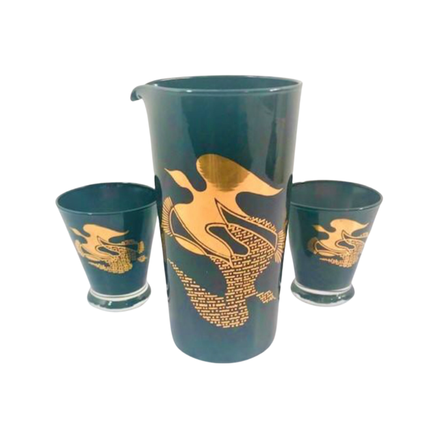 Federal Glass Mid-Century Mod Birds In Flight 3 piece Bar Set