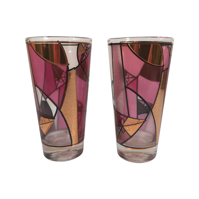 Ned Harris Signed Mid-Century Pink and Purple Abstract Glasses (Set of 2)