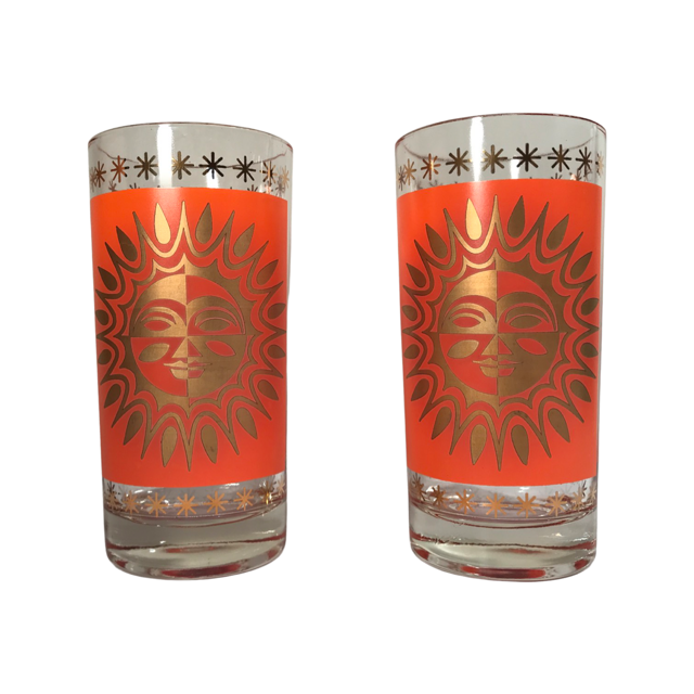 Jeannette Glass Aztec Orange & 22-Karat Gold Sunburst Highball Glasses (Set of 2)