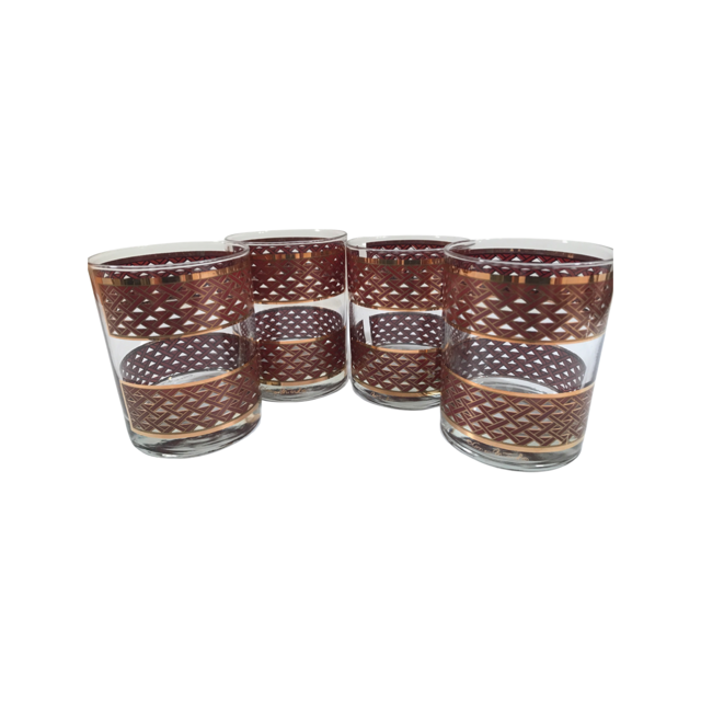 Georges Briard Signed Mid-Century Golden Weave Double Old Fashion Glasses (Set of 4)
