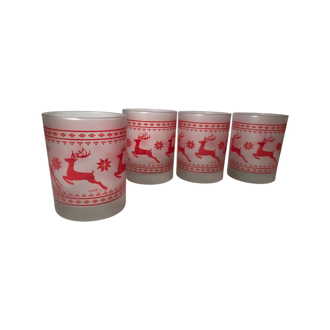 Culver Signed Mid-Century Red Christmas Sweater Double Old Fashion Glasses (Set of 4)