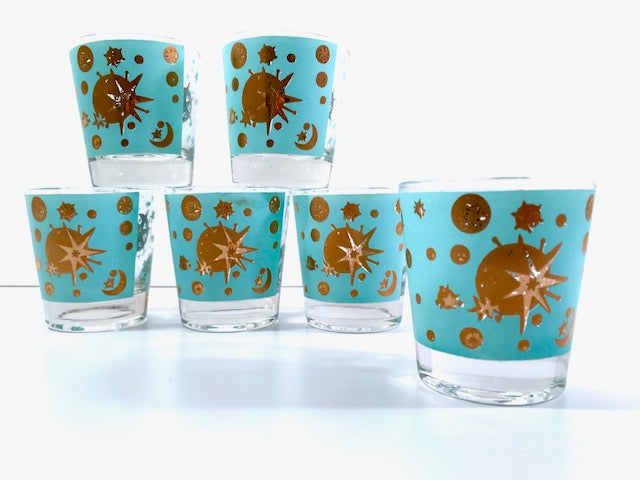 Mid-Century Vintage Starlyte Turquoise and Gold Eclipse Glasses (Set of 6)