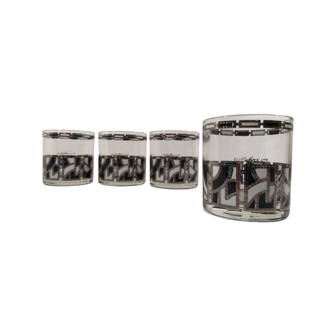 Culver Signed Black White and Silver Abstract Glasses (Set of 4)