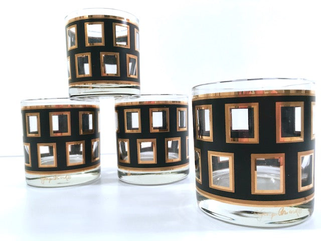 Georges Briard Signed Mid-Century Gold and Black Square glasses (Set of 4)