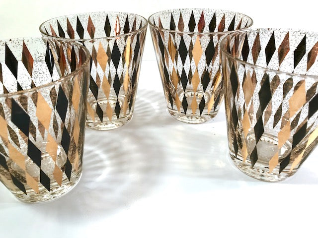 Mid-Century Gold and Black Harlequin Double Old Fashion Glasses (Set of 4)