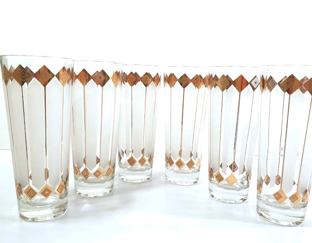 Mid-Century 22-Karat Gold and White Atomic Stars Tall Collins Glasses (Set of 6)