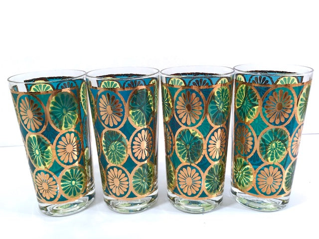 Georges Briard Signed Mid-Century Blue and Green Kaleidoscope Glasses (Set of 4)