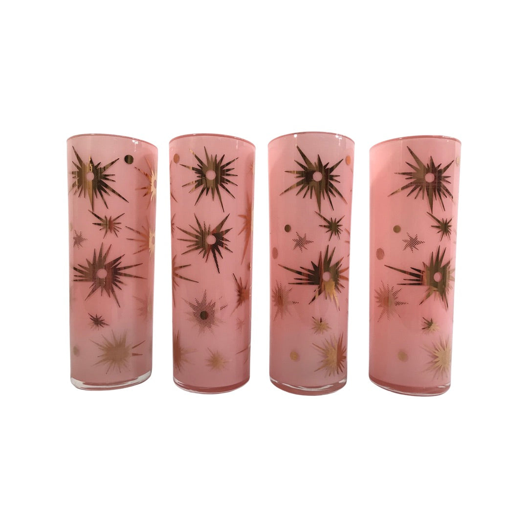 Federal Glass Mid-Century Pink Atomic & 22-Karat Gold Star Tall Collins Glasses (Set of 4)
