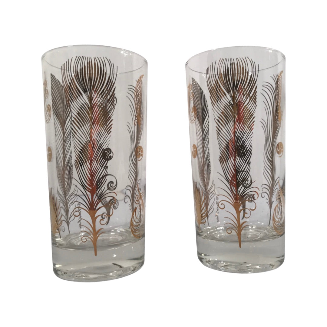 Fred Press Signed Mid-Century Birds of a Feather Highball Glasses (Set of 2)