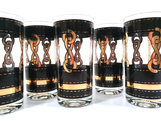 Georges Briard Signed Mid-Century Black with Gold Chains Glasses (Set of 6)