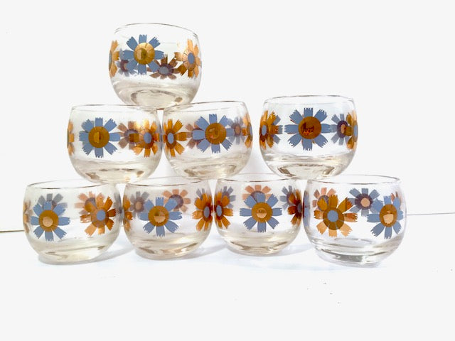 Federal Glass Mid-Century Field of Daisies Small Roly Poly Whiskey Glasses (Set of 8)