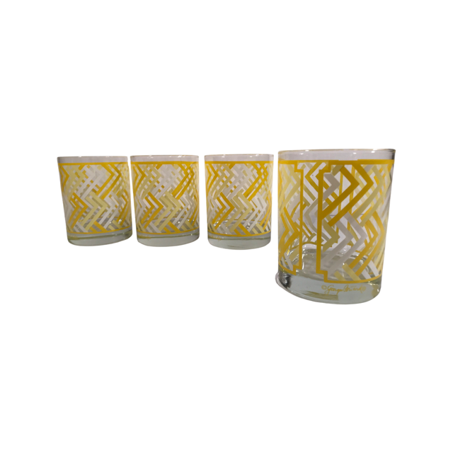 Georges Briard Signed Mid-Century Yellow Chevron Double Old Fashion Glasses (Set of 4)