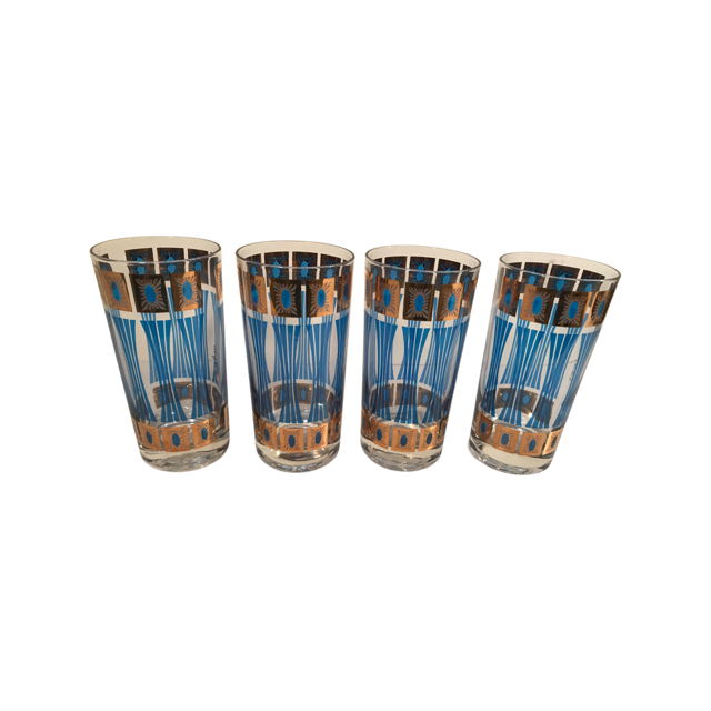 Fred Press Signed Jewel Mid-Century Gold and Blue Atomic Highball Glasses (Set of 4)