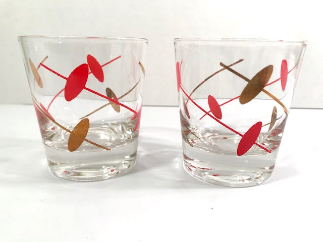 Federal Glass Rhythm Mid-Century Gold and Red Atomic Swirl Old Fashion Glasses (Set of 2)
