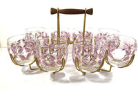 Load image into Gallery viewer, Federal Glass Mid-Century Gold and Lavender Roly Poly Glasses with Atomic Carrier (Set of 8)
