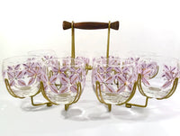 Load image into Gallery viewer, Federal Glass Mid-Century Gold and Lavender Roly Poly Glasses with Atomic Carrier (Set of 8)
