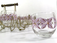 Load image into Gallery viewer, Federal Glass Mid-Century Gold and Lavender Roly Poly Glasses with Atomic Carrier (Set of 8)
