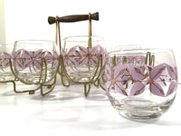 Load image into Gallery viewer, Federal Glass Mid-Century Gold and Lavender Roly Poly Glasses with Atomic Carrier (Set of 8)
