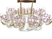 Load image into Gallery viewer, Federal Glass Mid-Century Gold and Lavender Roly Poly Glasses with Atomic Carrier (Set of 8)
