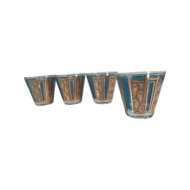 Georges Briard Signed Gold and Aqua Hollywood Regency Glasses (Set of 4)