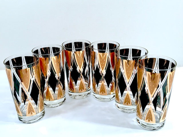 Fred Press Signed Mid-Century 22-Karat Gold and Black Diamond Glasses (Set of 6)