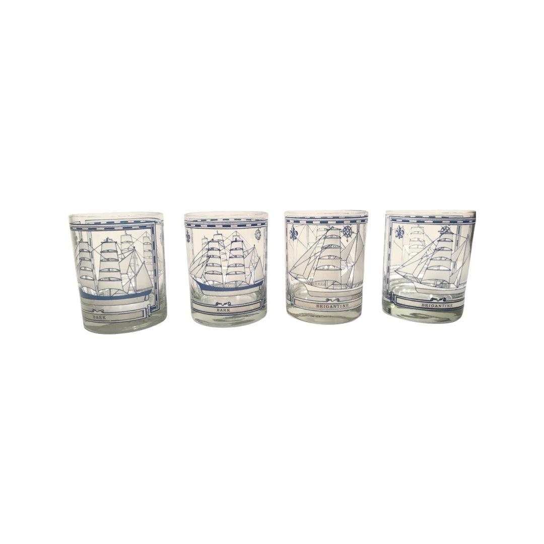 Georges Briard Signed Mid-Century Blue and White Ships Double Old Fashion Glasses (Set of 4)