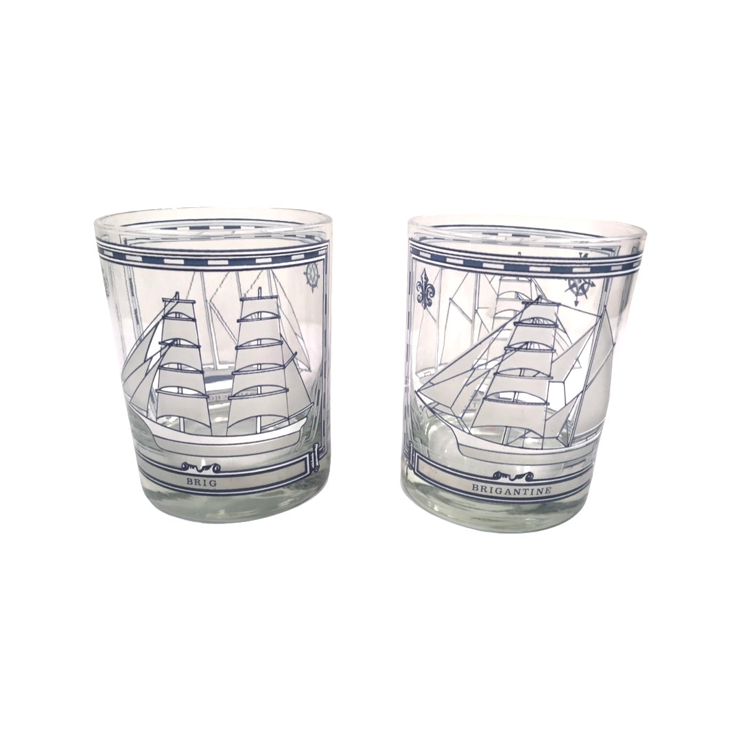 Georges Briard Signed Mid-Century Blue and White Ships Double Old Fashion Glasses (Set of 2)
