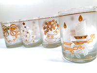 Load image into Gallery viewer, Culver Signed Mid-Century 22-Karat Gold &amp; White Christmas Double Old Fashion Glasses (Set of 4)
