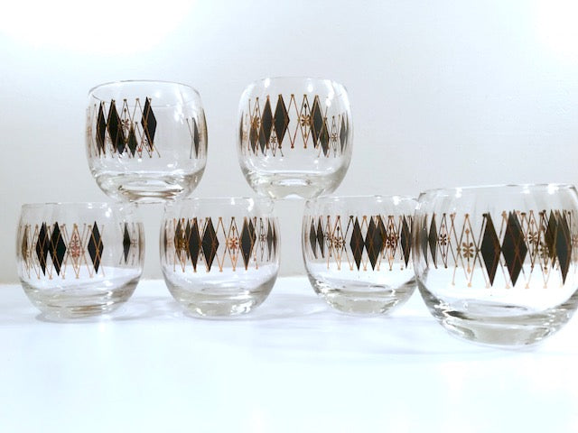 Federal Glass Mid-Century Gold and Black Harlequin Roly Poly Glasses (Set of 6)