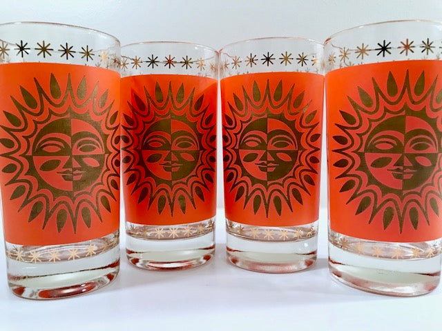 Jeannette Glass Aztec Orange & 22-Karat Gold Sunburst Highball Glasses (Set of 4)