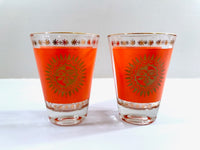 Load image into Gallery viewer, Jeannette Glass Aztec Orange &amp; 22-Karat Gold Sunburst Double Shot/Whiskey Glasses (Set of 2)
