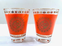 Load image into Gallery viewer, Jeannette Glass Aztec Orange &amp; 22-Karat Gold Sunburst Double Shot/Whiskey Glasses (Set of 2)
