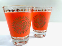 Load image into Gallery viewer, Jeannette Glass Aztec Orange &amp; 22-Karat Gold Sunburst Double Shot/Whiskey Glasses (Set of 2)
