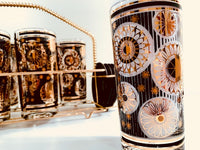 Load image into Gallery viewer, Fred Press Signed Mid-Century Black and 22-Karat Gold Abstract 17-Piece Bar Set
