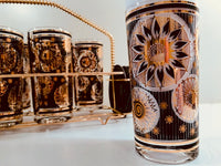 Load image into Gallery viewer, Fred Press Signed Mid-Century Black and 22-Karat Gold Abstract 17-Piece Bar Set
