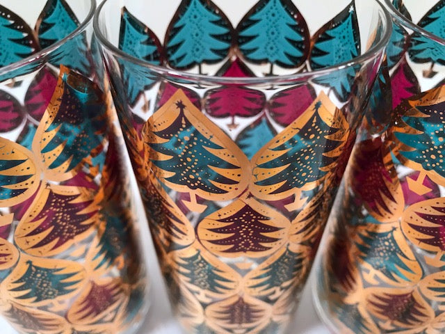Culver Signed Mid-Century Jewel Toned Christmas Tree Highball Glasses (Set of 4)