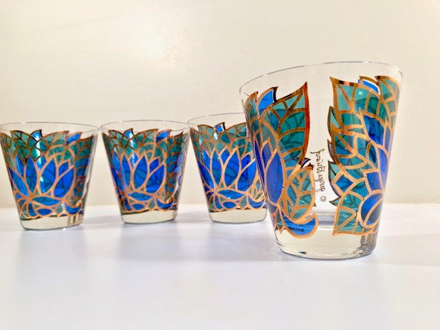 Georges Briard Signed Mid-Century Abstract Mosaic Double Old Fashion Glasses (Set of 4)