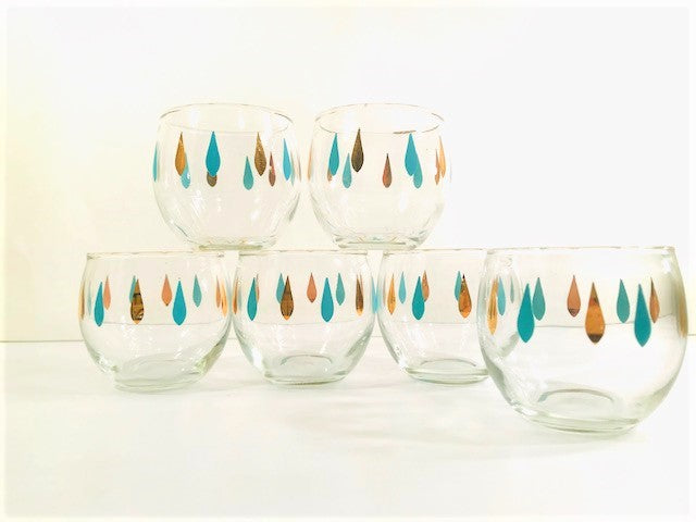 Federal Glass Mid-Century Turquoise and Gold Roly Poly Glasses (Set of 6)