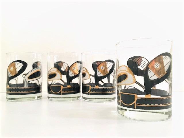 Vintage Black and Gold Golf Club Double Old Fashion Glasses (Set of 4)