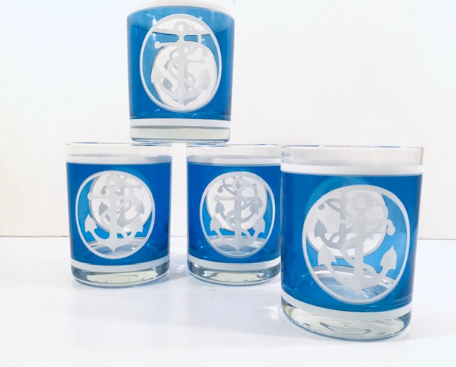 Georges Briard Signed Mid-Century Anchors Away Double Old Fashion Glasses Set of 4)