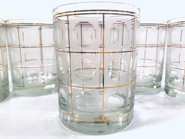 Culver Signed Gold Square with Frosted Circle Double Old Fashion Glasses (Set of 6)