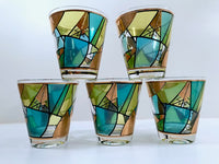 Load image into Gallery viewer, Ned Harris Signed Mid-Century Blue and Green Abstract Double Old Fashion Glasses (Set of 5)
