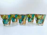 Load image into Gallery viewer, Ned Harris Signed Mid-Century Blue and Green Abstract Double Old Fashion Glasses (Set of 5)
