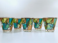 Load image into Gallery viewer, Ned Harris Signed Mid-Century Blue and Green Abstract Double Old Fashion Glasses (Set of 5)

